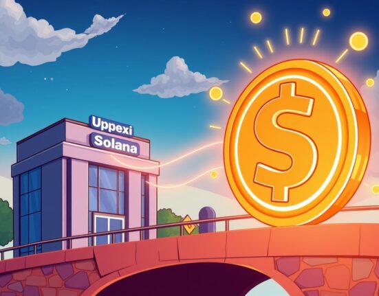 An illustration symbolizing Upexi's strategic Solana investment deal with capital flowing towards a large SOL coin.