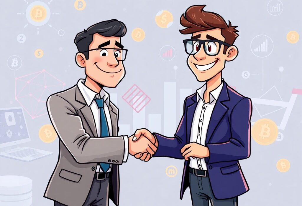 A cartoon illustration depicting Upexi's strategic move to enhance its Upexi Solana treasury with Arthur Hayes advisory, symbolizing advanced digital asset management.