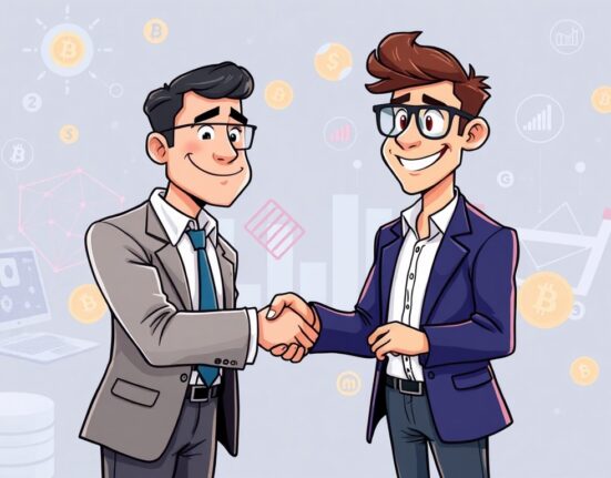 A cartoon illustration depicting Upexi's strategic move to enhance its Upexi Solana treasury with Arthur Hayes advisory, symbolizing advanced digital asset management.