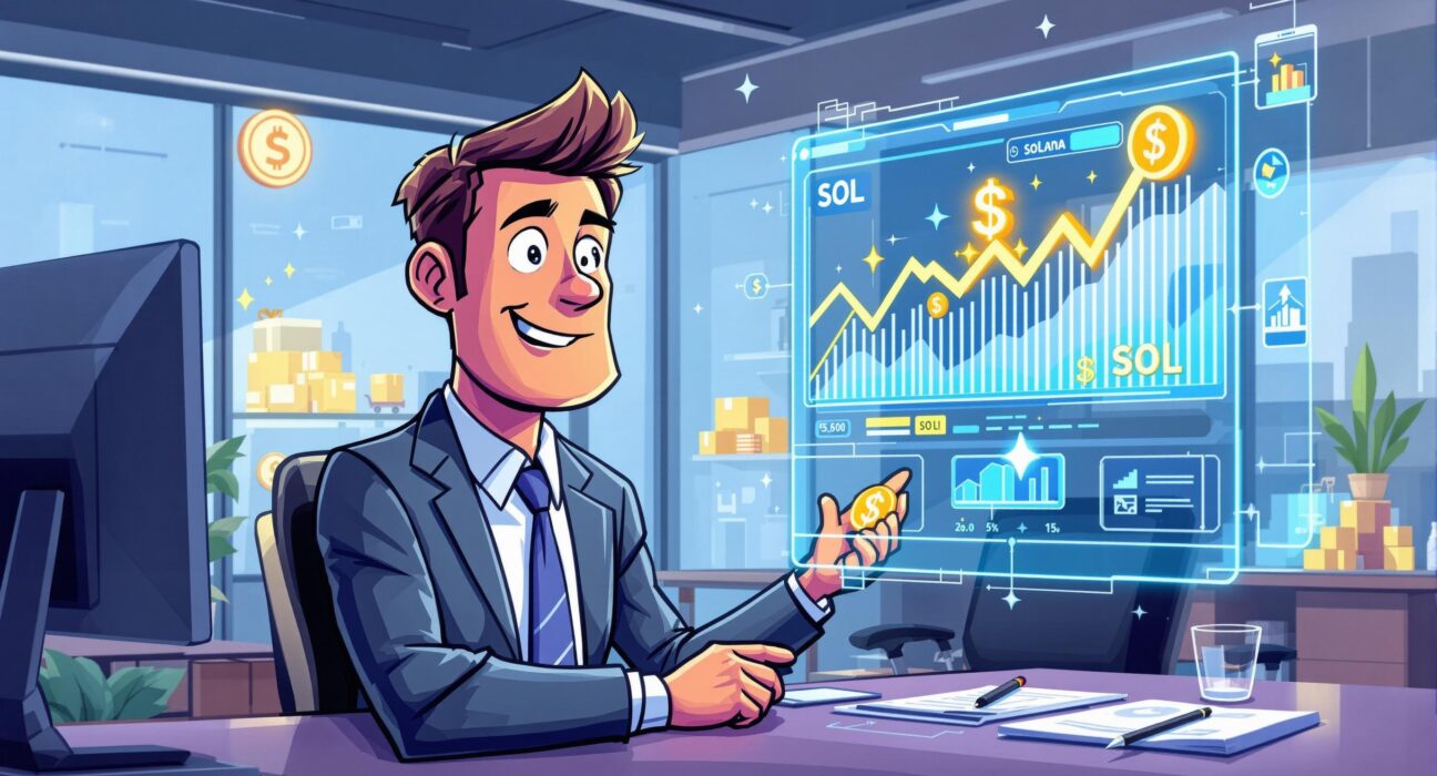 An illustration of a company executive confidently overseeing a significant Solana treasury strategy, symbolizing corporate crypto adoption and growth.