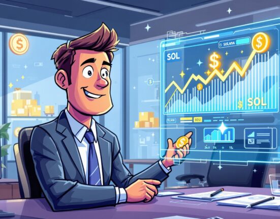 An illustration of a company executive confidently overseeing a significant Solana treasury strategy, symbolizing corporate crypto adoption and growth.