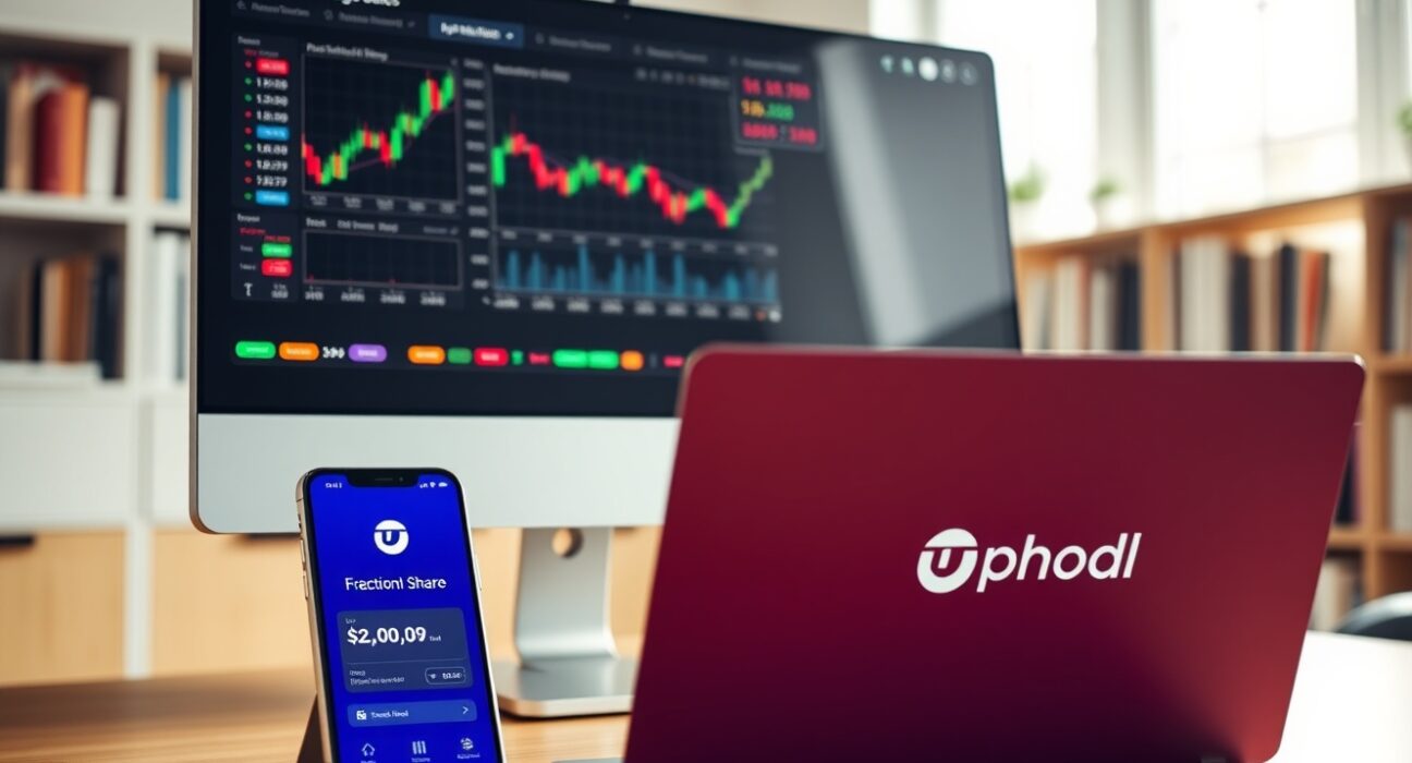 Modern trading dashboard and smartphone showing Uphold fractional share trading interface