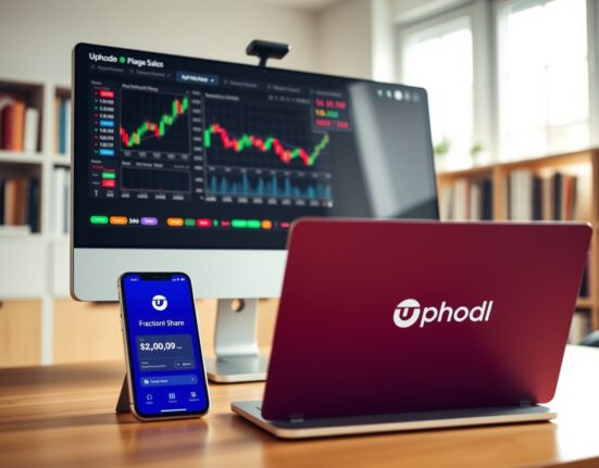 Modern trading dashboard and smartphone showing Uphold fractional share trading interface