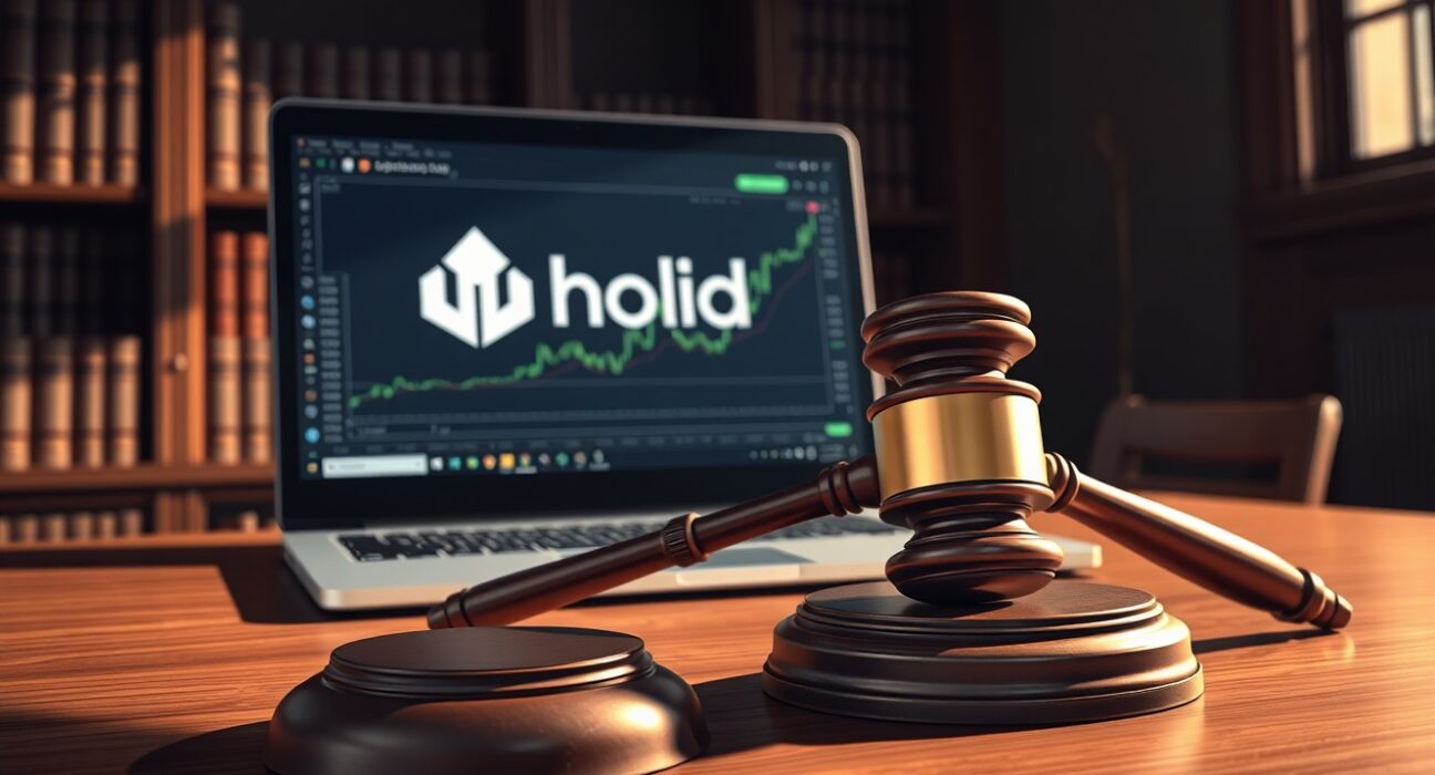 Uphold settlement: gavel and laptop in courtroom symbolizing crypto regulation case