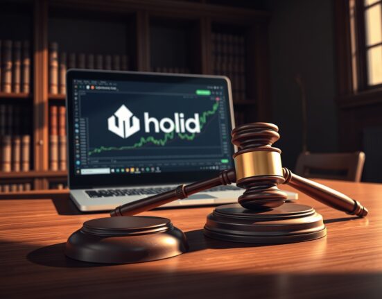 Uphold settlement: gavel and laptop in courtroom symbolizing crypto regulation case