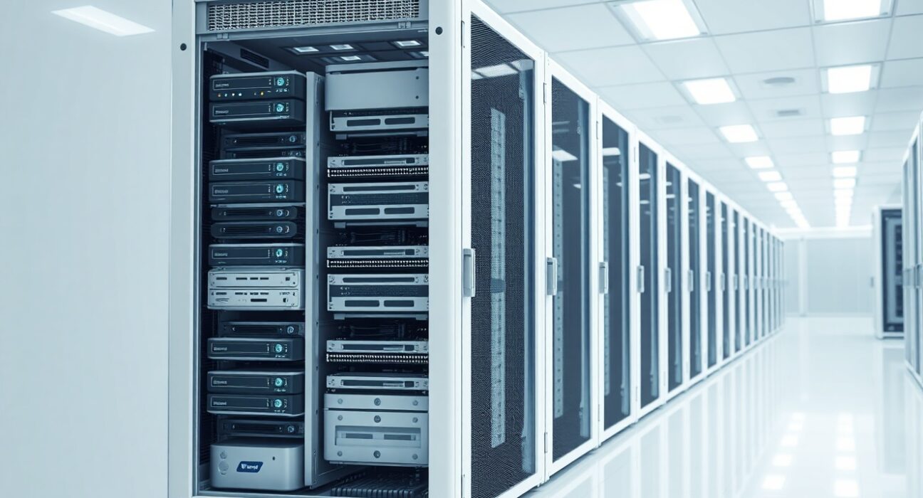 Modern AI data center infrastructure representing Upscale AI's focus on custom chip technology.