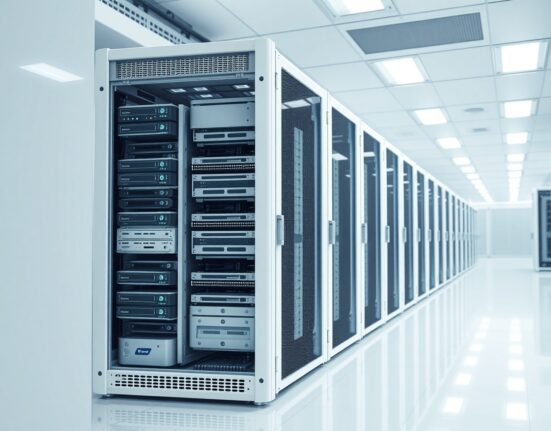 Modern AI data center infrastructure representing Upscale AI's focus on custom chip technology.