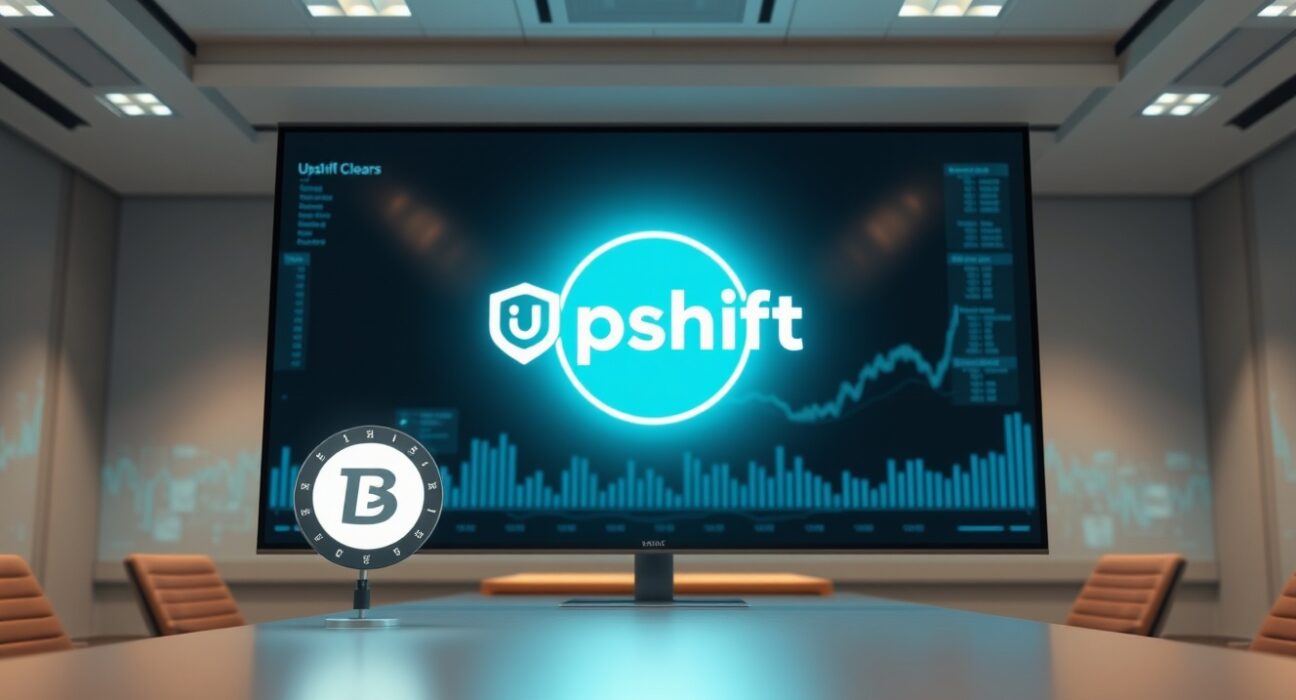 Upshift Clear platform interface with USDC vault symbol on a digital screen in a modern office setting