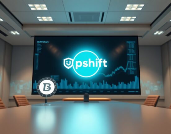 Upshift Clear platform interface with USDC vault symbol on a digital screen in a modern office setting