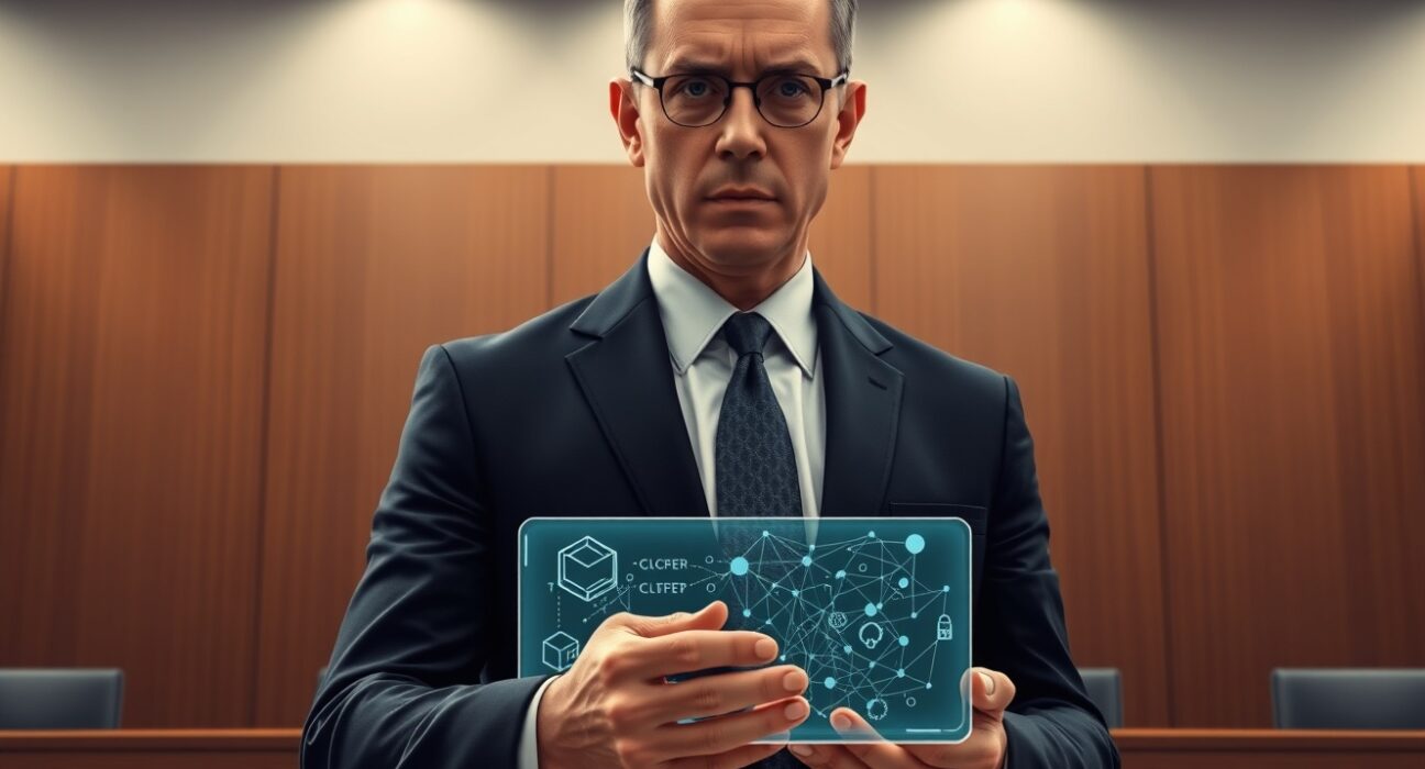 Federal prosecutor with evidence tablet in the Uranium Finance hack indictment case.