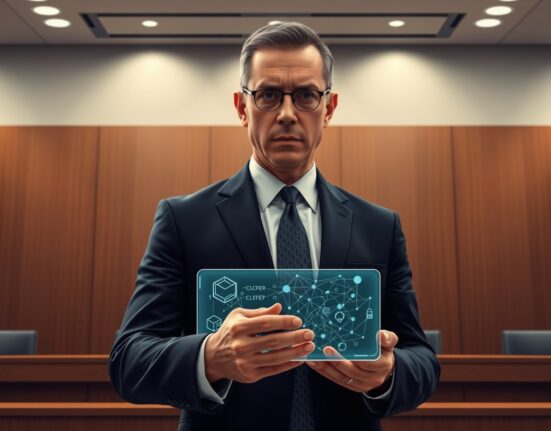 Federal prosecutor with evidence tablet in the Uranium Finance hack indictment case.