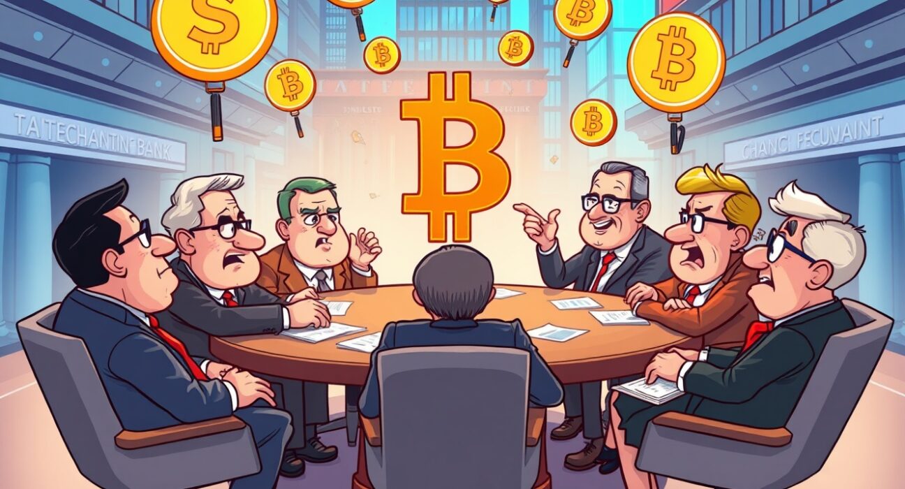 International regulators debating urgent bank crypto regulations around conference table