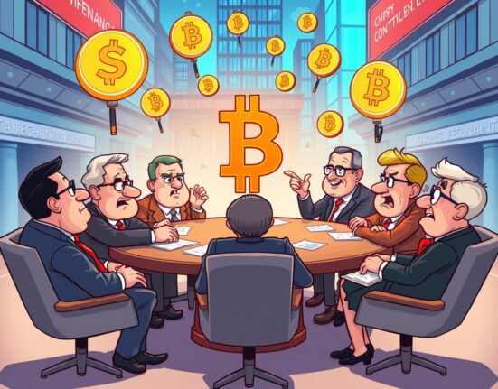 International regulators debating urgent bank crypto regulations around conference table