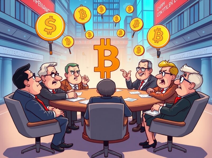 International regulators debating urgent bank crypto regulations around conference table