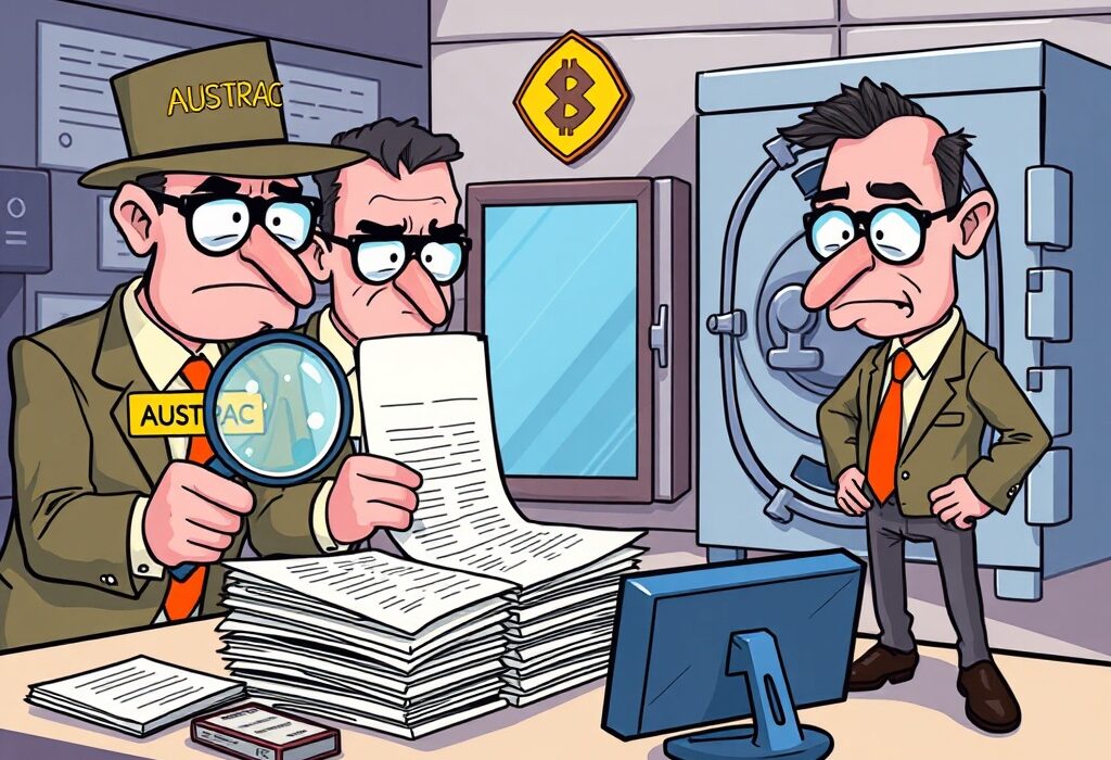 A cartoon illustration depicting AUSTRAC officials reviewing documents with a magnifying glass, overseeing a distressed Binance Australia logo, emphasizing the crucial Binance Australia audit.