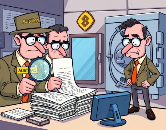 A cartoon illustration depicting AUSTRAC officials reviewing documents with a magnifying glass, overseeing a distressed Binance Australia logo, emphasizing the crucial Binance Australia audit.