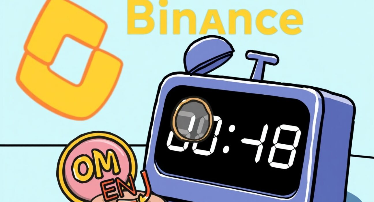 Cartoon illustration of a clock and crypto symbols, signaling the upcoming Binance suspension for network upgrades.
