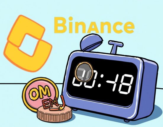 Cartoon illustration of a clock and crypto symbols, signaling the upcoming Binance suspension for network upgrades.