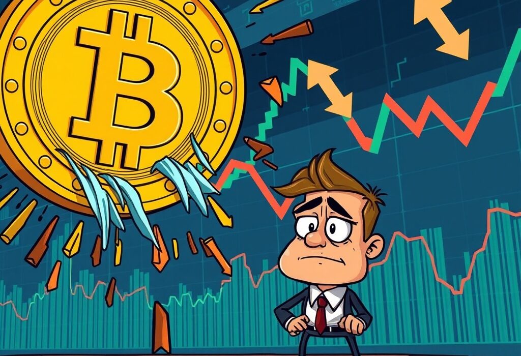A cartoon illustration symbolizing the potential Bitcoin price drop, showing BTC at a critical support level facing a significant fall.