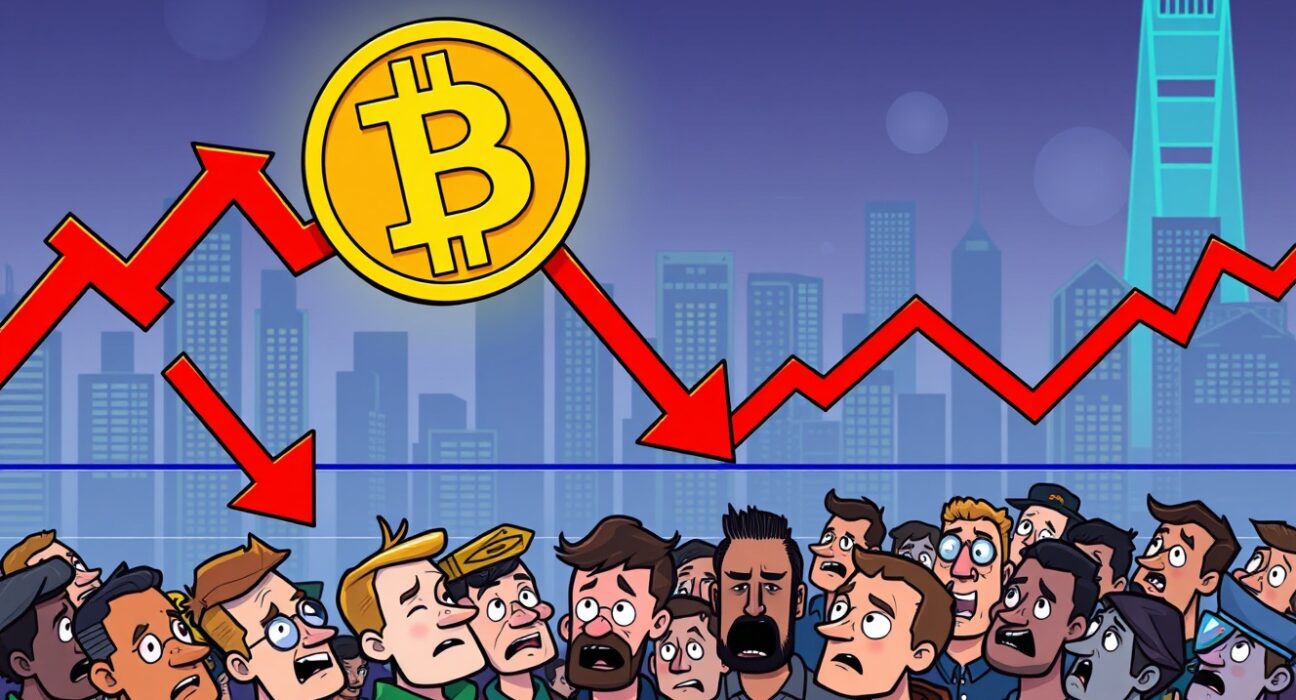 A cartoon illustration showing the Bitcoin price drop, symbolizing market uncertainty and investor reactions to BTC falling below $106,000.