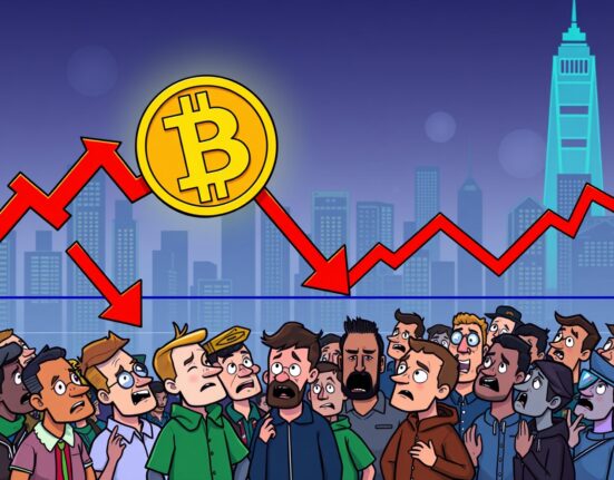 A cartoon illustration showing the Bitcoin price drop, symbolizing market uncertainty and investor reactions to BTC falling below $106,000.