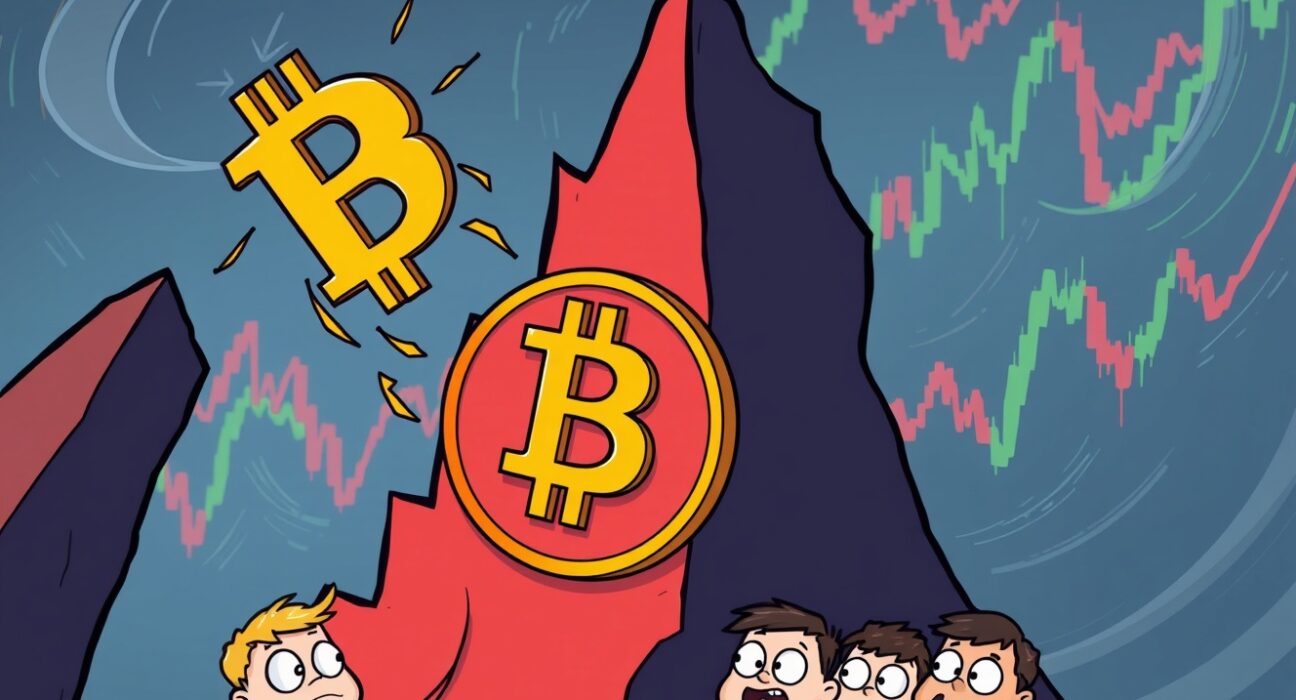 Cartoon illustration depicting the urgent Bitcoin price plunge below $112,000, highlighting market volatility and investor concerns.