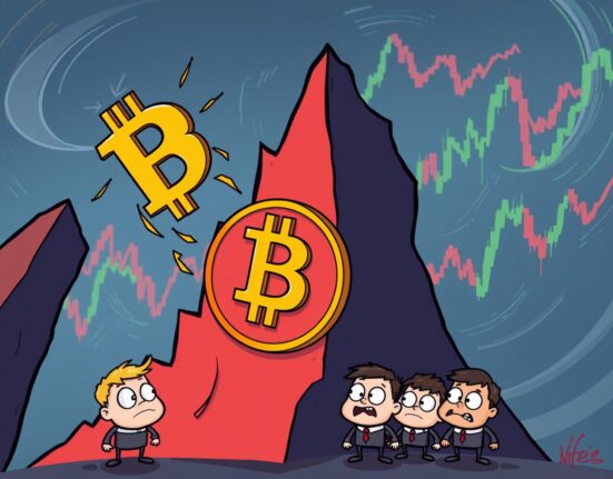 Cartoon illustration depicting the urgent Bitcoin price plunge below $112,000, highlighting market volatility and investor concerns.