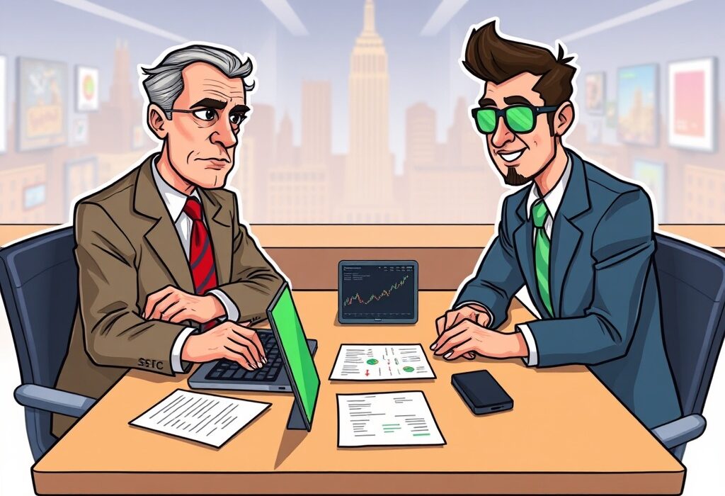 Cartoon illustration of SEC and Robinhood representatives discussing urgent crypto regulation.