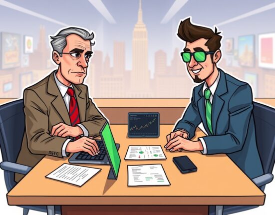 Cartoon illustration of SEC and Robinhood representatives discussing urgent crypto regulation.
