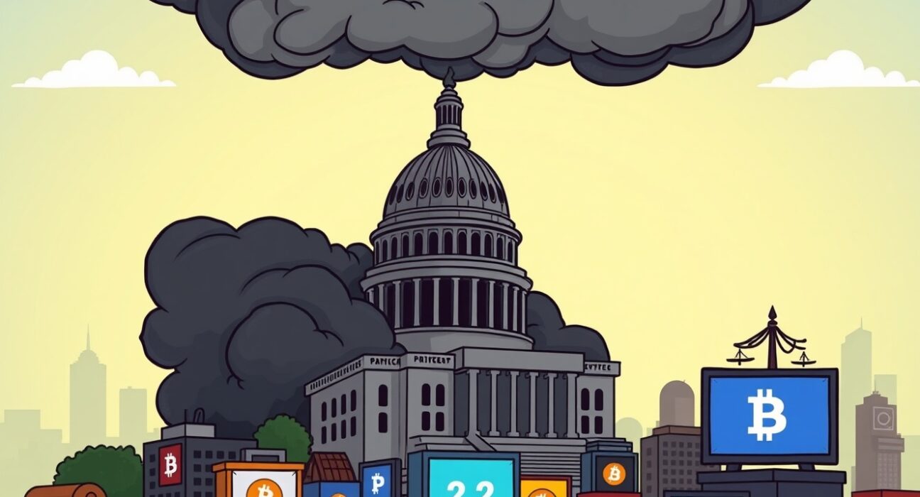 A cartoon illustration showing a looming government shutdown cloud over a crypto market, highlighting potential economic impact.