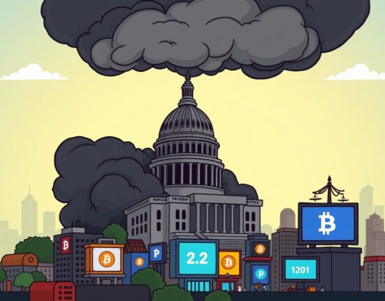 A cartoon illustration showing a looming government shutdown cloud over a crypto market, highlighting potential economic impact.