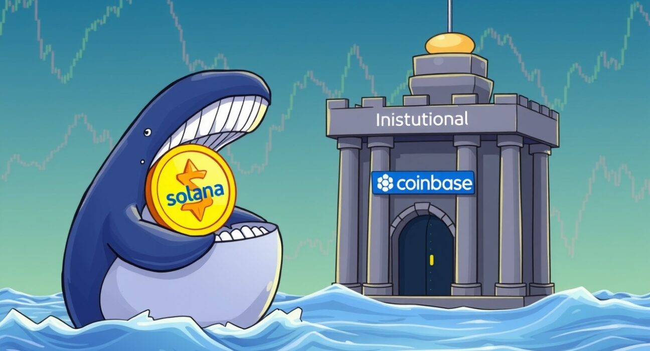 A cartoon whale making a significant SOL transfer to Coinbase Institutional, representing major crypto market activity.