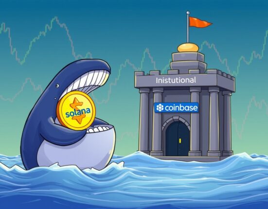 A cartoon whale making a significant SOL transfer to Coinbase Institutional, representing major crypto market activity.