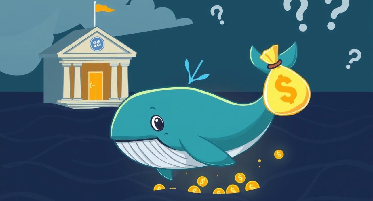 Cartoon illustration depicting a large crypto whale executing a significant SOL transfer from a major institution to an undisclosed location, symbolizing the mystery of the transaction.