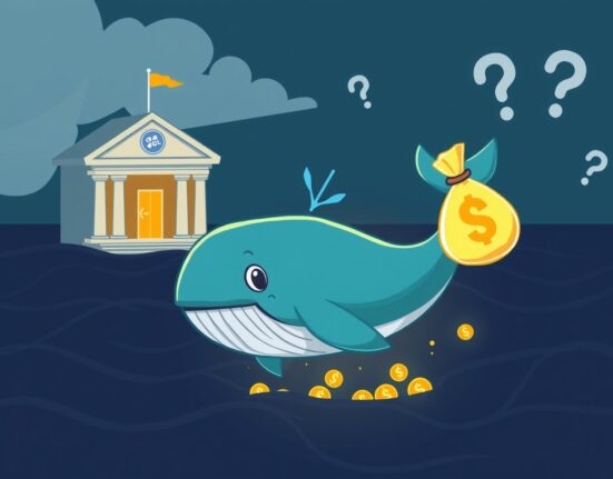 Cartoon illustration depicting a large crypto whale executing a significant SOL transfer from a major institution to an undisclosed location, symbolizing the mystery of the transaction.