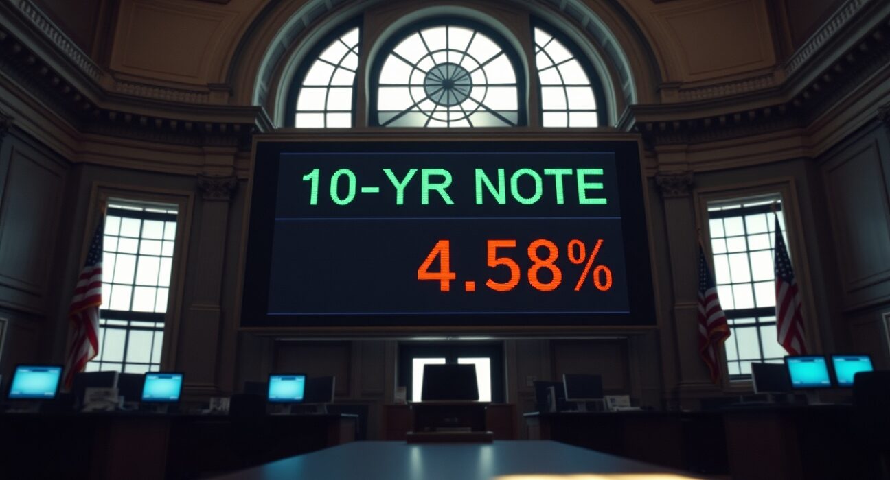 Digital display showing the US 10-Year Note auction yield at 4.58% inside the Treasury building.