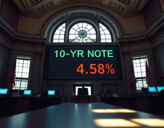 Digital display showing the US 10-Year Note auction yield at 4.58% inside the Treasury building.