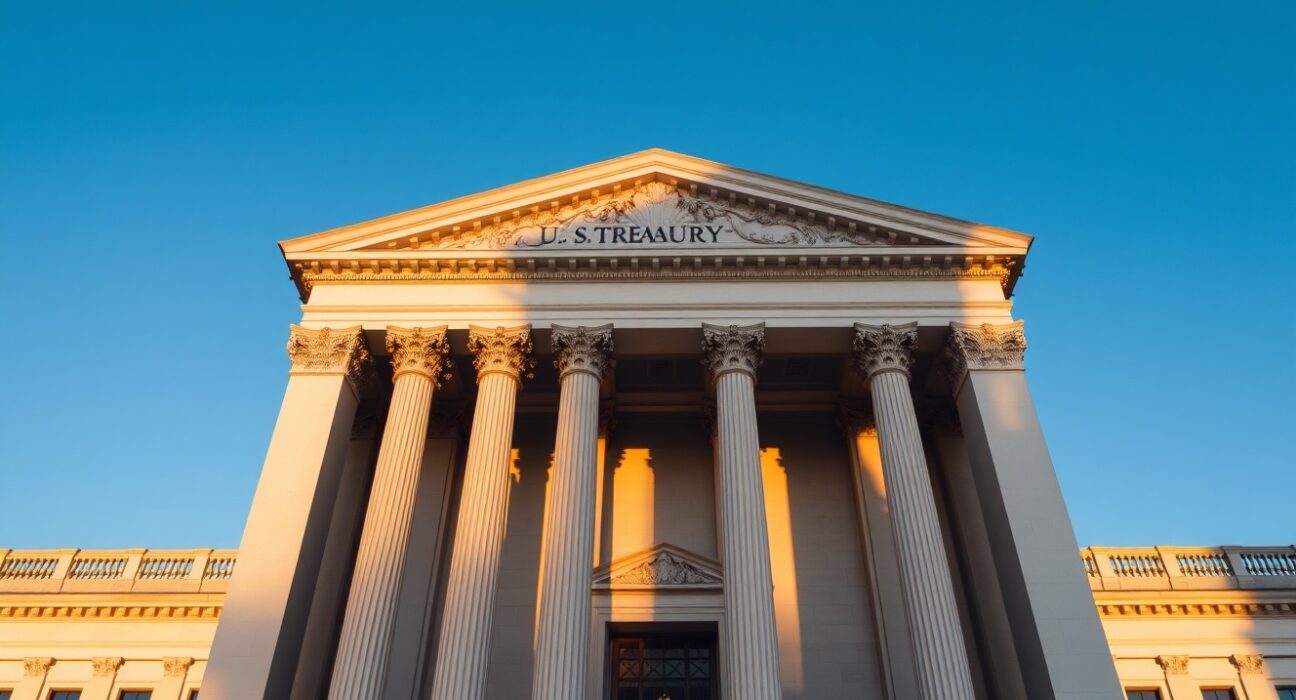 US Treasury building in Washington DC on a sunny morning, representing government bond auctions.
