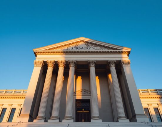 US Treasury building in Washington DC on a sunny morning, representing government bond auctions.