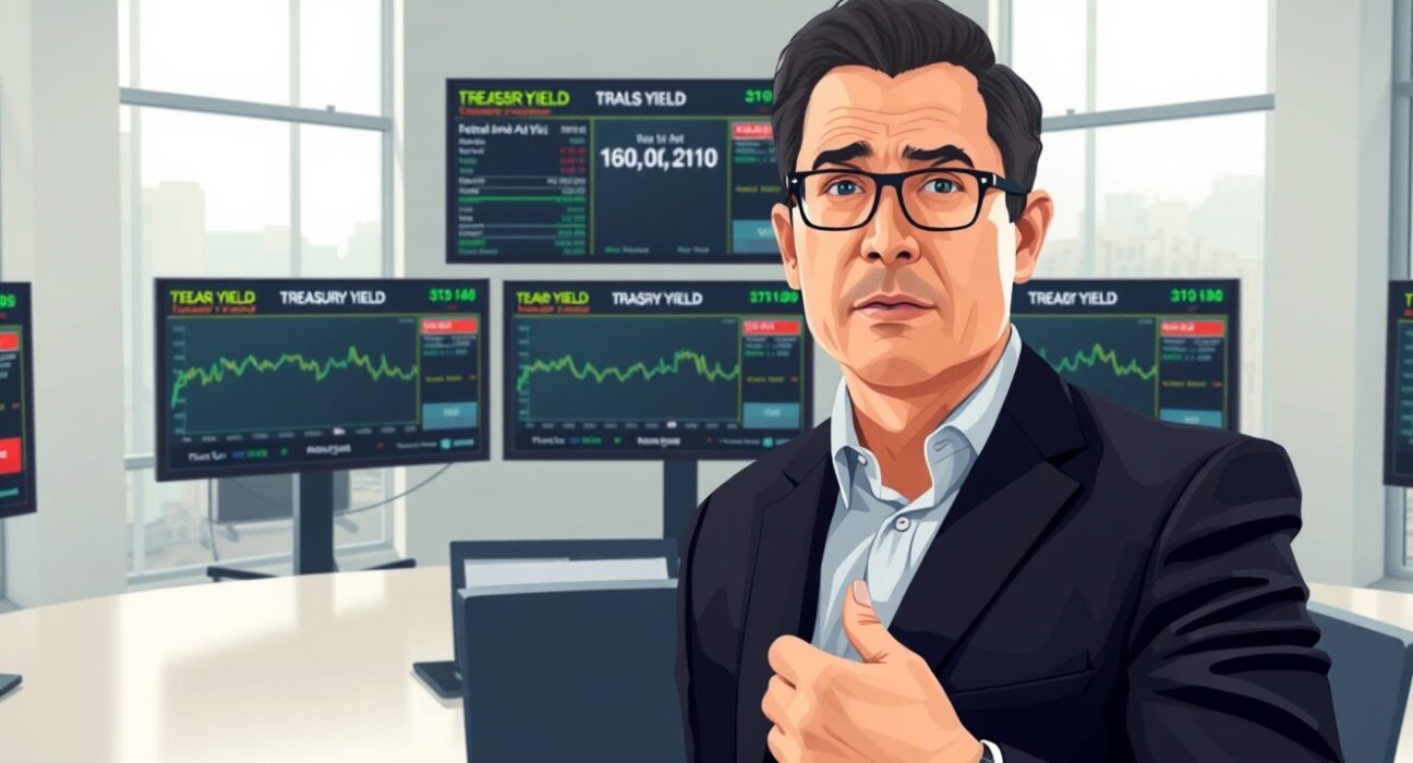 Financial analyst monitoring US Treasury yield data and Federal Reserve economic indicators in trading environment