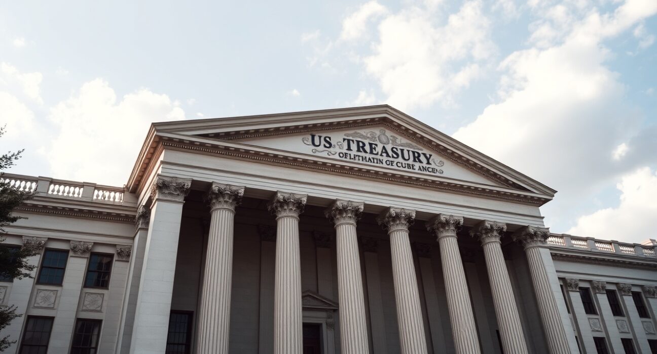 US Treasury building exterior on a sunny day with columns and flag