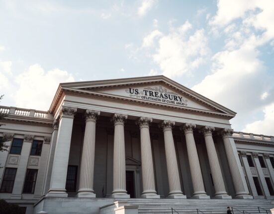 US Treasury building exterior on a sunny day with columns and flag