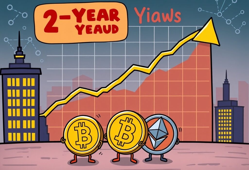 A cartoon illustration depicting the rising U.S. 2-year Treasury yield and its potential impact on cryptocurrency markets.