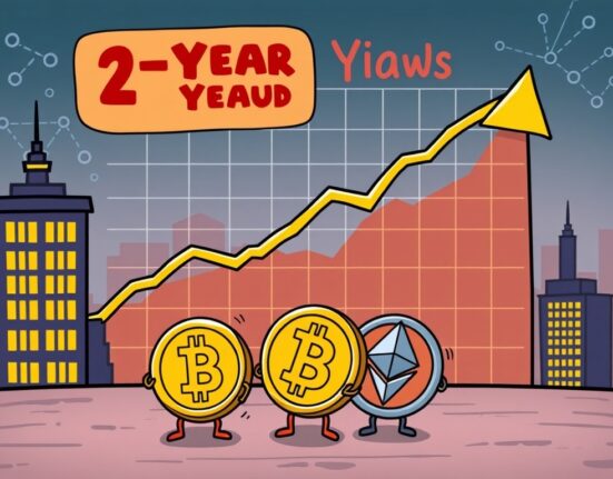 A cartoon illustration depicting the rising U.S. 2-year Treasury yield and its potential impact on cryptocurrency markets.