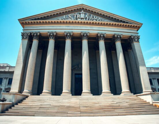 Exterior of the U.S. Treasury Building in Washington, D.C., on a sunny day.