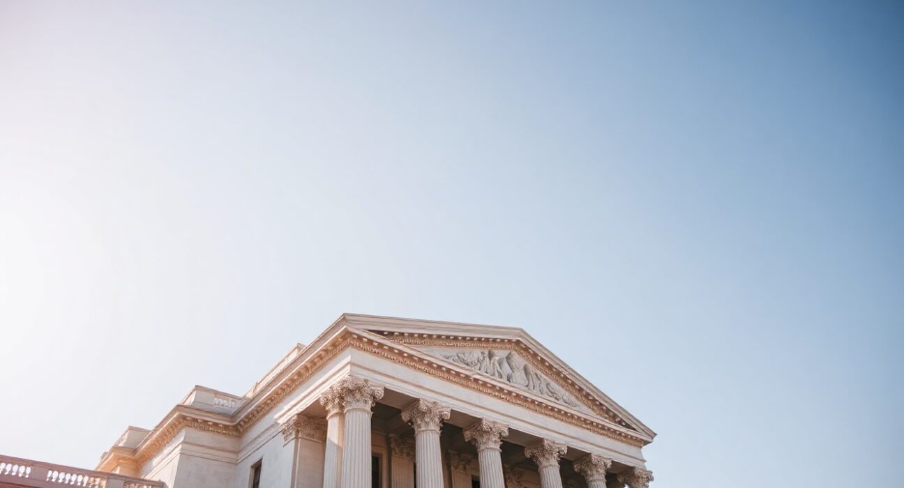 Exterior view of the US Treasury building in Washington, D.C., on a clear day.