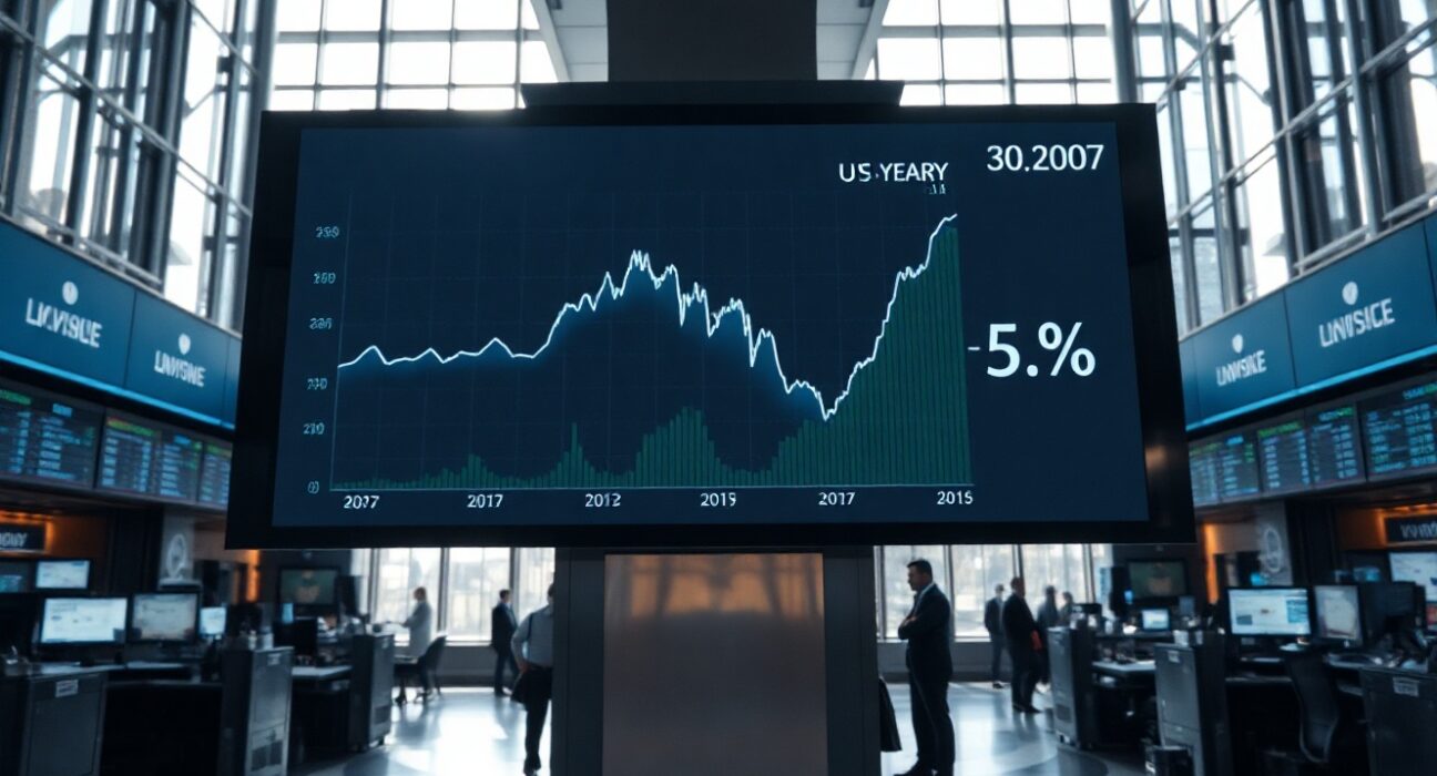 A digital display showing the 30-year US Treasury yield chart with an upward trend, set in a financial trading floor.
