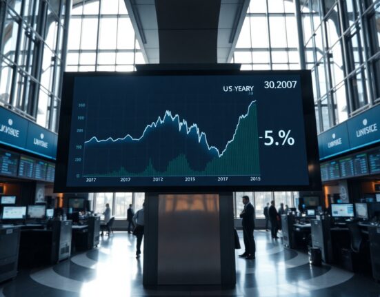 A digital display showing the 30-year US Treasury yield chart with an upward trend, set in a financial trading floor.