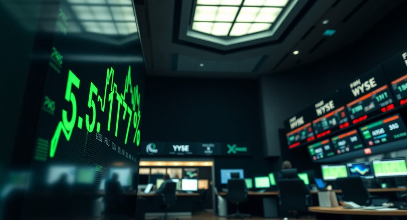 Stock market board displaying U.S. 30-year Treasury yield at 5.177%