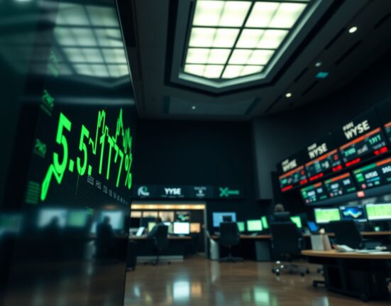 Stock market board displaying U.S. 30-year Treasury yield at 5.177%